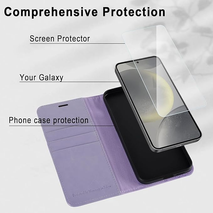 MONASAY Wallet Case Fit for Samsung Galaxy S24+ Plus 5G, [Lens & Glass Screen Protector Included] [RFID Blocking] Flip Folio Leather Cell Phone Cover with Credit Card Holder, Lavenders