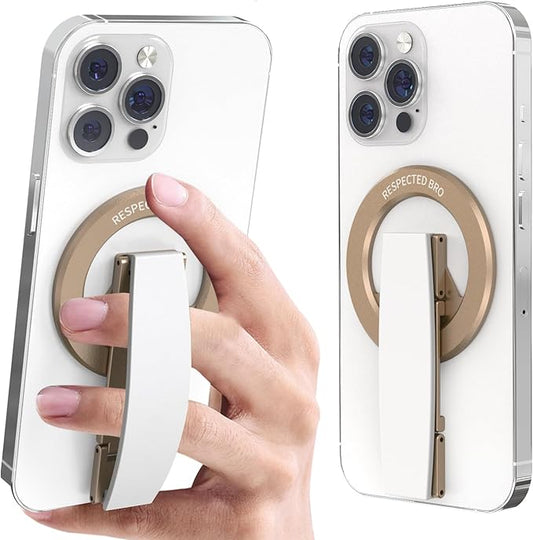 Magnetic-Phone-Grip-Stand, Magnetic Phone Ring Holder Kickstand with Silicone Finger Strap, Compatibility for iPhones, Androids, and More (White)