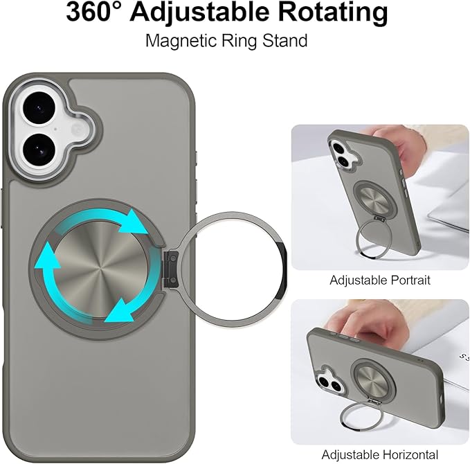 ZIYE Gray Case for iPhone 16 Plus Case with Stand [Compatible with MagSafe] Slim Heavy Duty Protection Military Grade Shockproof Magnetic Cover with 360 Rotatable Ring Kickstand for Women Men