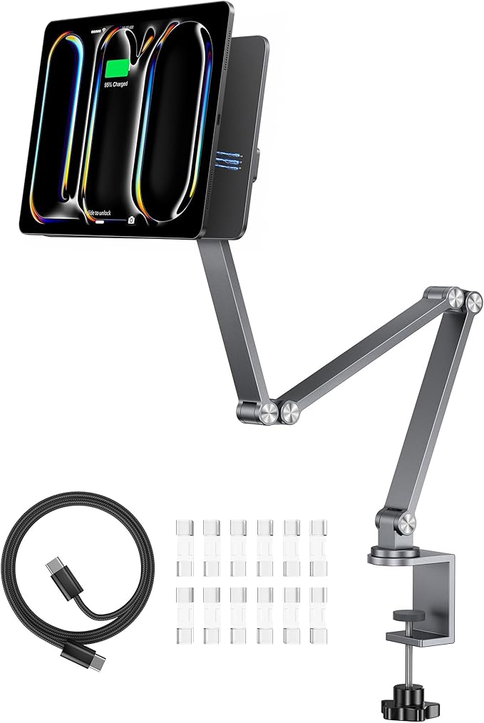 LULULOOK [Upgrade] Magnetic Wireless Charging Stand for iPad Pro 11" M4(2024) Only, Rock Steady iPad Stand for Desk with Foldable Aluminum Alloy Arm, Adjustable Tablet Mount with 2M Braided Cable