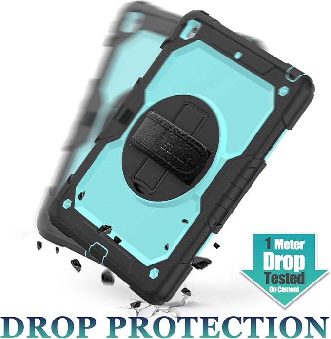 SEYMAC stock Case for iPad 9th/ 8th/ 7th Generation 10.2'', Shockproof with Screen Protector, Pencil Holder [360° Rotating Hand Strap] & Stand, for iPad 10.2 inch 2021-2019 (SkyBlue+Black)