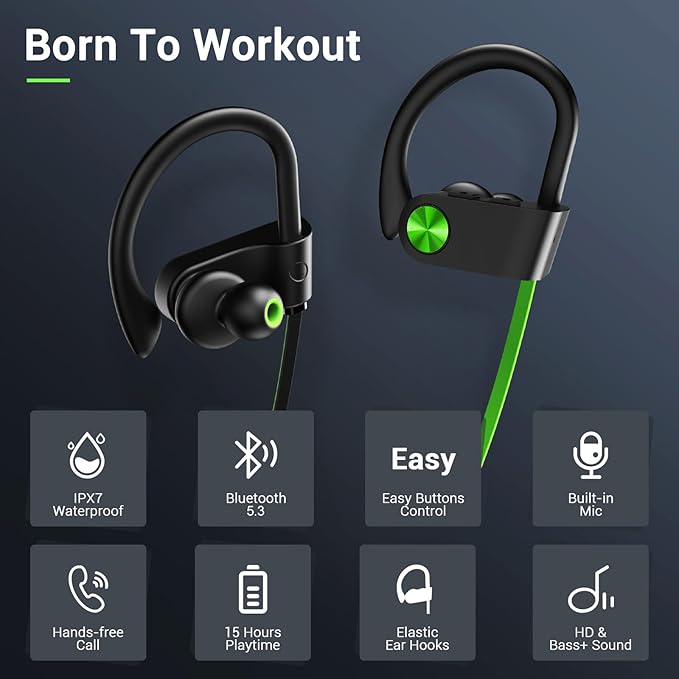 Bluetooth Headphones, Bluetooth 5.3 IPX7 Waterproof Wireless Sports Earbuds for Workout Gym, 16 Hrs Playtime Running Headphones with Noise Cancelling Mic, HiFi Bass Stereo in-Ear Earphones