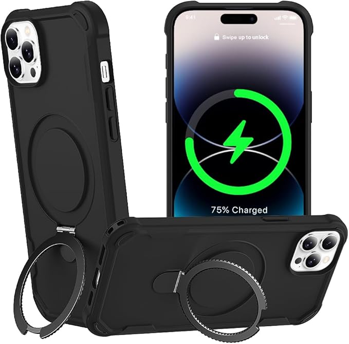 Designed for iPhone 14 Pro Max Case with Magnetic Stand [Military Drop Protection][Compatible with Magnet] Shockproof 14 Pro Max Phone Case with Ring Holder, Black