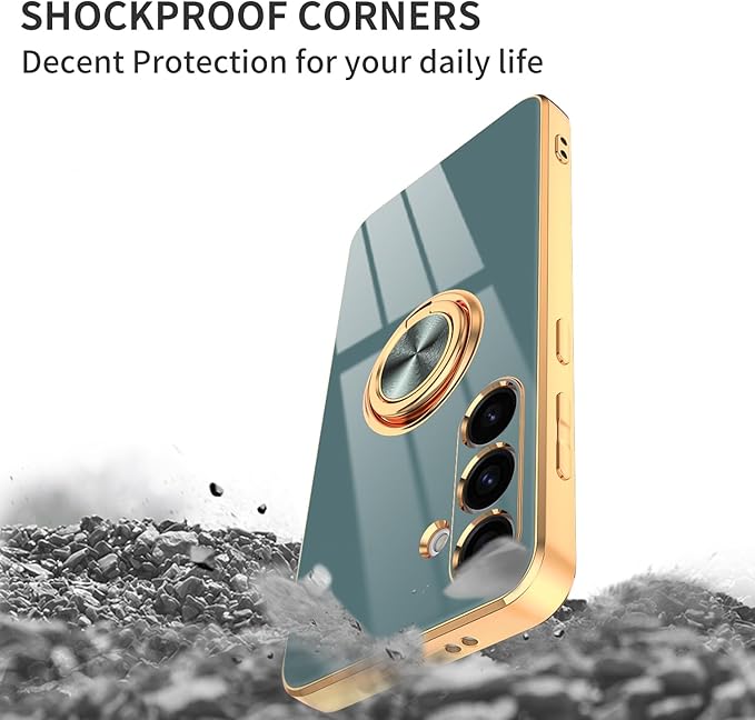 Dinick Gray for Samsung Galaxy S24 Case with Ring Holder Kickstand [with Magnetic] Soft TPU Bumper, Glitter Gold Electroplated Cover Slim Thin Protective Phone Case for Galaxy S24