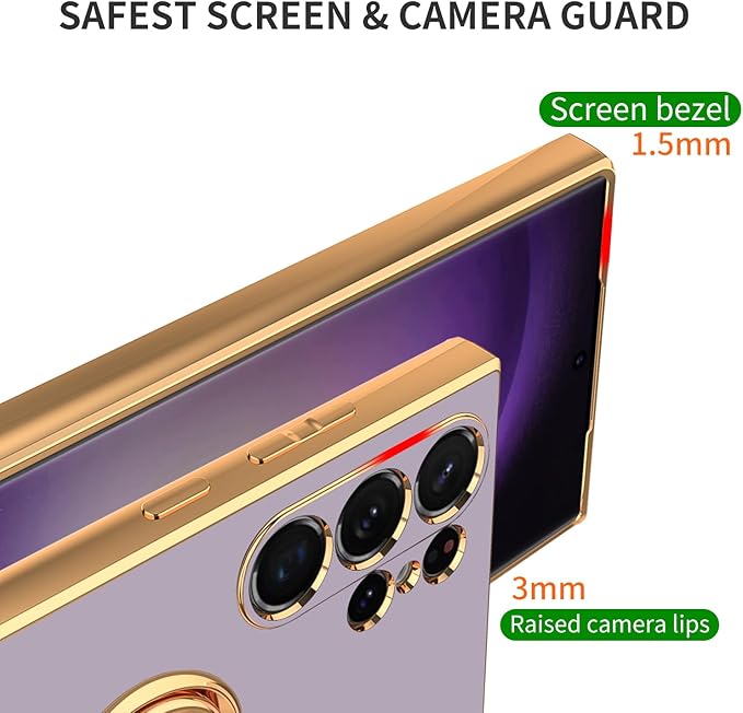 Dinick Purple for Samsung Galaxy S24 Ultra Case with Ring Holder Kickstand [with Magnetic] Soft TPU Bumper, Glitter Gold Electroplated Cover Slim Thin Protective Phone Case for Galaxy S24 Ultra