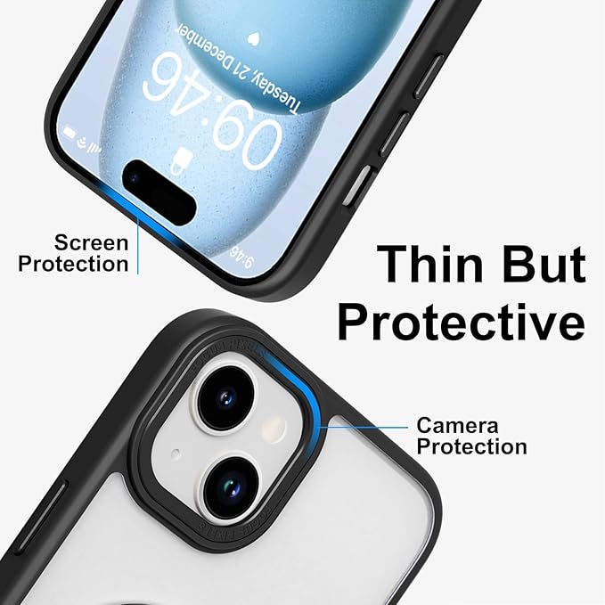 ZIYE Magnetic Case for iPhone 15 Case with Stand [Compatible with MagSafe] Slim Shockproof Military Grade Heavy Duty Cover with 360 Rotatable Ring Kickstand for Women Men, Translucent Black