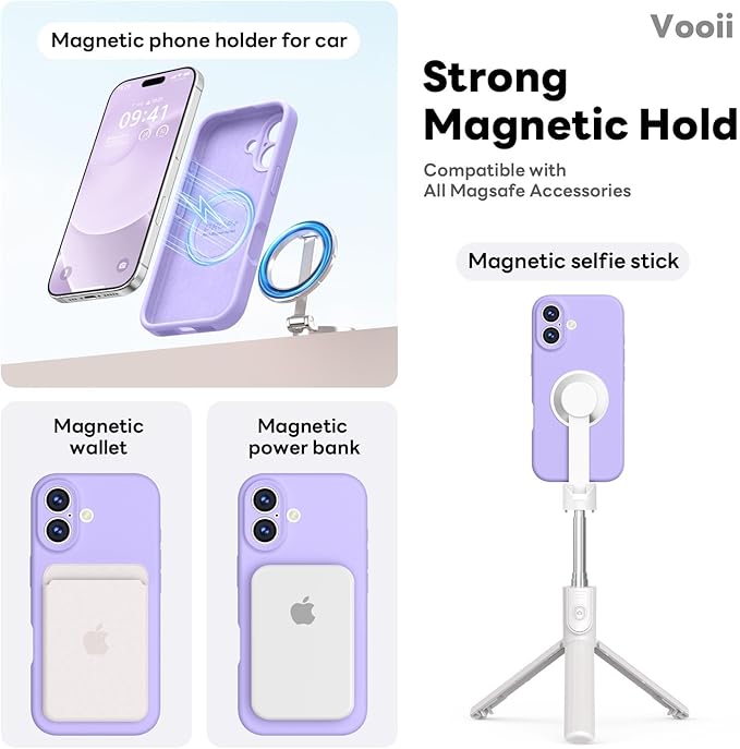 Vooii Magnetic Compatible with iPhone 17 Case (Compatible with Magsafe) (Upgraded Camera Protection) Liquid Silicone Shockproof Full Body Protective Phone Cover for Women Men, Light Purple, 6.3"