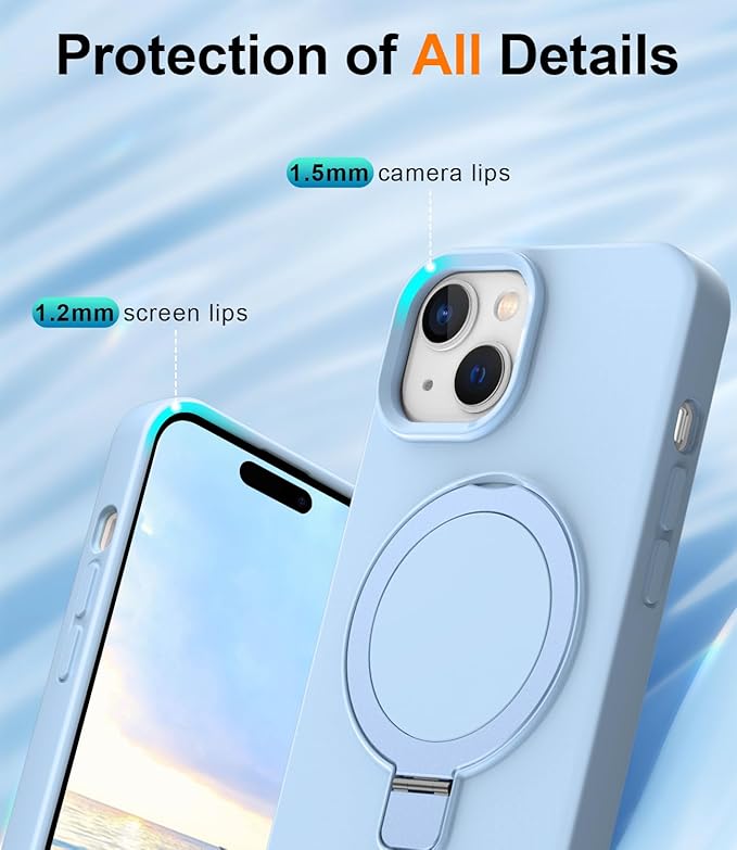 ZHK Liquid Silicone Designed for iPhone 15 Case with Magnet Stand, [Mil-Grade Drop Shockproof][Soft Anti-Scratch Microfiber Lining] Slim Fit Cover,Baby Blue