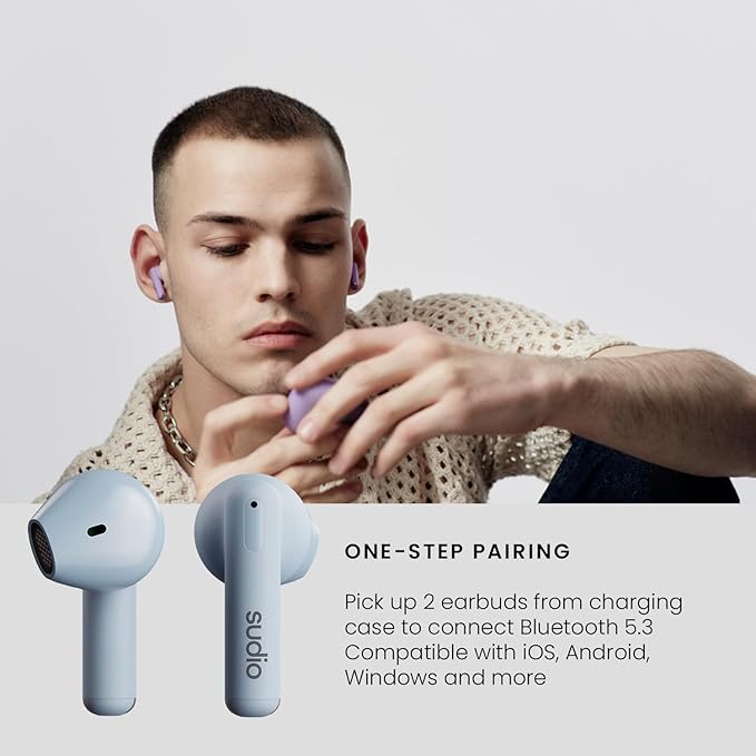 Sudio A1 True Wireless Earbuds, Bluetooth 5.3 Connection, Noise Cancelling, Waterproof, Touch Control, Charging Case, Premium Sound Quality, Comfortable Fit – Blue