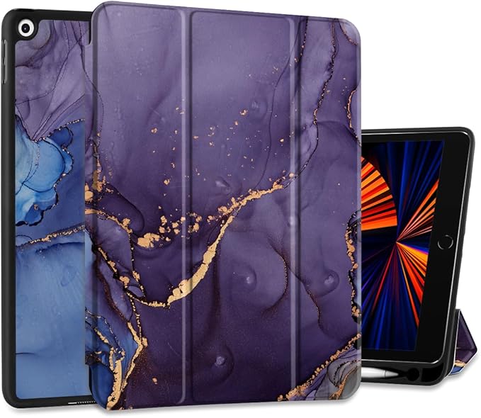 DONGKE Case Compatible with iPad 10.2 Inch 2021 2020 2019 iPad 9th/8th/7th Generation with Pencil Holder, Slim Stand Protective Case with Soft TPU Back, Auto Sleep/Wake Cover, Abstract Marble