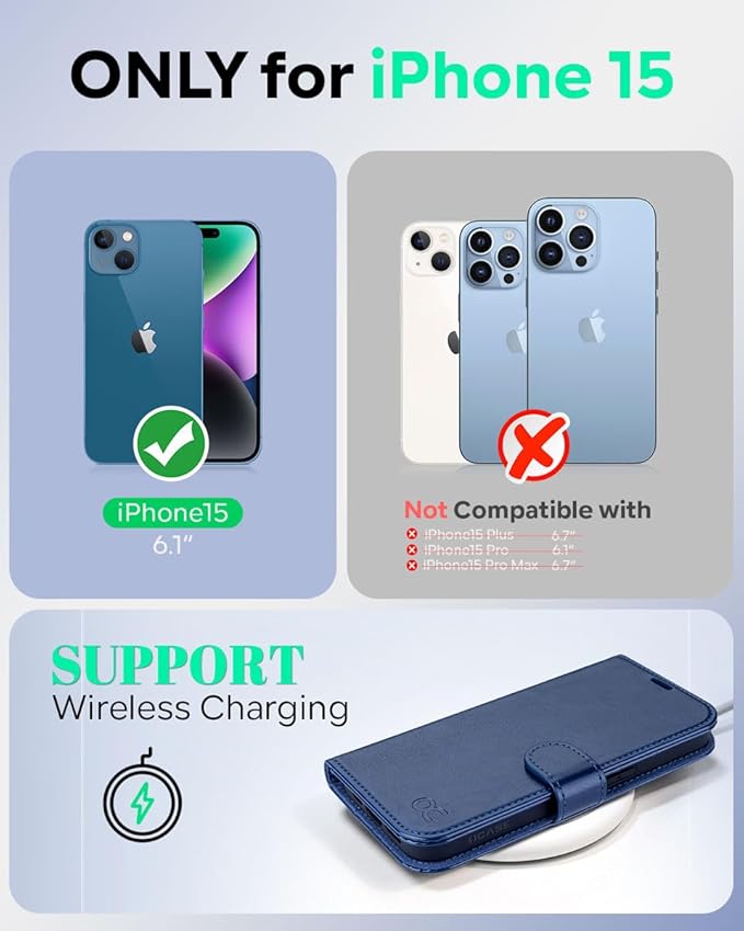 OCASE Compatible with iPhone 15 Wallet Case, PU Leather Flip Folio Case with Card Holders RFID Blocking Kickstand [Shockproof TPU Inner Shell] Phone Cover 6.1 Inch 2023, Blue