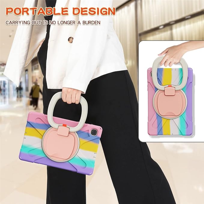 360 Rotation Case for Samsung Galaxy Tab S6 Lite 10.4" Sturdy Cover Rotate Ring Stand Shoulder Carrying Strap Hand Strap Rugged Children Adults Outdoor Case (Colourful Pink)