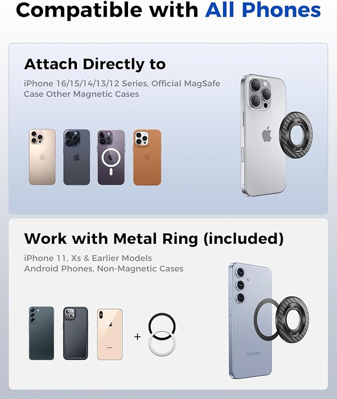 SYNCWIRE Carbon Fiber Magnetic Phone Ring Holder for MagSafe - Magnet Phone Grip Stand with 360° Rotation & Reinforced Hinge Compatible with iPhone 16 15 14 13 Pro Max Plus MagSafe Accessories