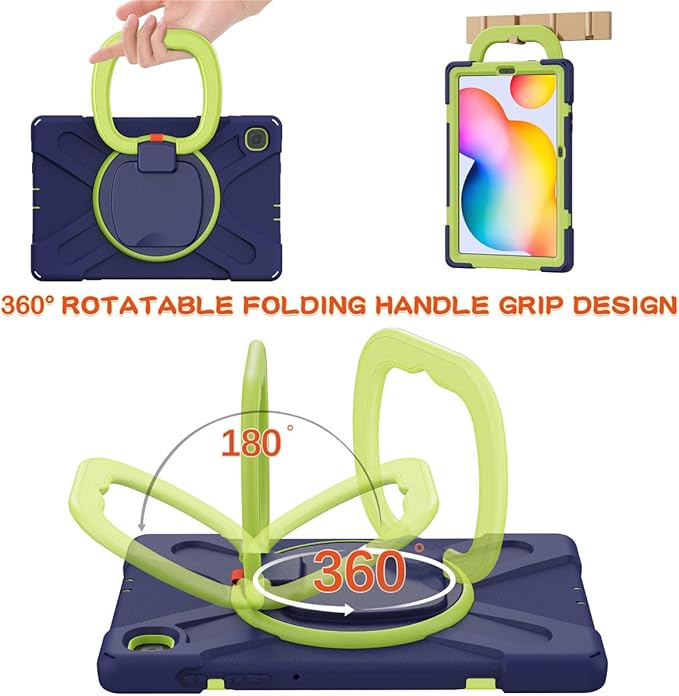 360 Rotation Case for Samsung Galaxy Tab S6 Lite 10.4" Sturdy Cover Rotate Ring Stand Shoulder Carrying Strap Hand Strap Rugged Children Adults Outdoor Case (Navy+Green)