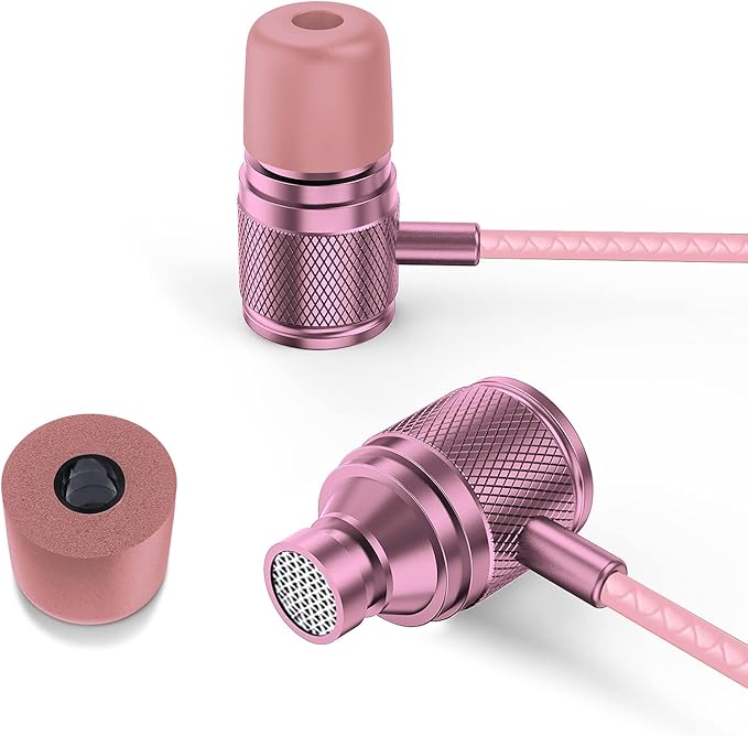 LUDOS Ultra Wired Earbuds in-Ear Headphones, 5 Years Warranty, Earphones with Microphone, Noise Isolating Ear Buds, Memory Foam for iPhone, Samsung, School Students, Kids, Women, Small Ears - Pink