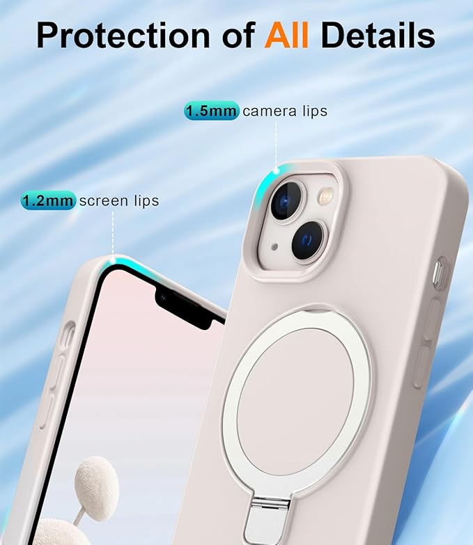 ZHK Liquid Silicone Designed for iPhone 13/14 Case with Magnet Stand, [Mil-Grade Drop Shockproof][Soft Anti-Scratch Microfiber Lining] Slim Fit Cover, Beige