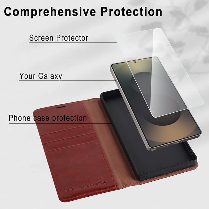 MONASAY Wallet Case Fit for Samsung Galaxy S25 Ultra 6.9 inch, [Lens & Glass Screen Protector Included] [RFID Blocking] Flip Folio Leather Cell Phone Cover with Credit Card Holder, Burgundy