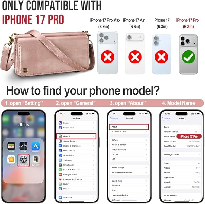 for iPhone 17 Pro Wallet Phone Case with 7 Card Holder,RFID Blocking | PU Leather | Kickstand | Flip | Wrist Strap&Shoulder Strap | Shockproof | Zipper Wallet | Women Men | 6.3" | Rose Gold