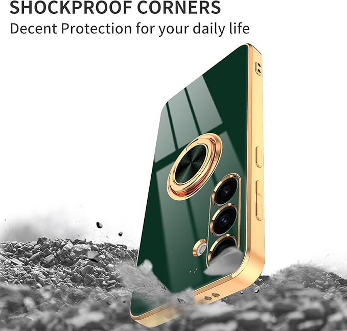 Dinick Green for Samsung Galaxy S24 Case with Ring Holder Kickstand [with Magnetic] Soft TPU Bumper, Glitter Gold Electroplated Cover Slim Thin Protective Phone Case for Galaxy S24