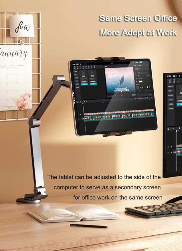 Rotatable Holder Stand Tablet Holder Multi-Angle Design Phone Clip Swivel Mount Desktop Aluminum Alloy Cantilever Bed Desk Home Live Folding Bracket Compatible with 4"-13" Phone Tablet (Silver)