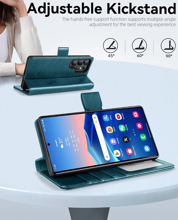 OCASE Compatible with Galaxy S25 Ultra Wallet Case, PU Leather Flip Folio Case with Card Holders RFID Blocking Kickstand [Shockproof TPU Inner Shell] Protective Phone Cover 2025, Peacock Blue