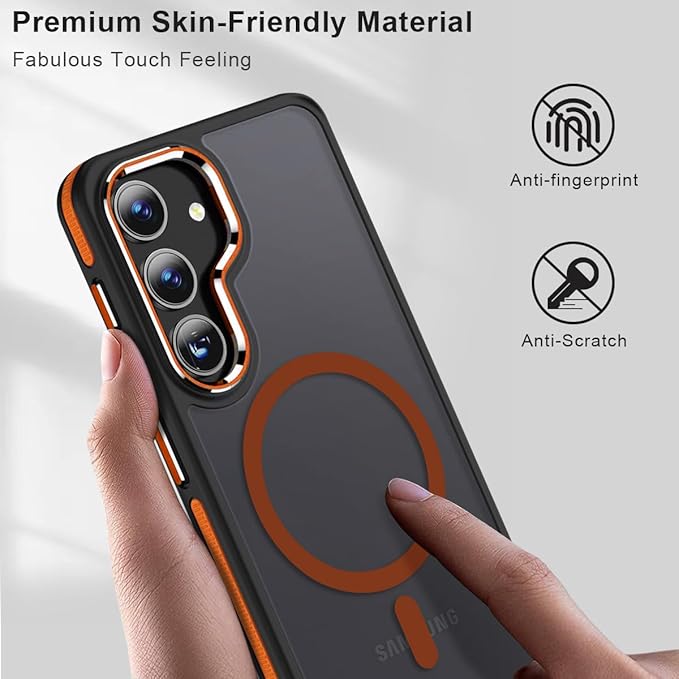 Magneic for Samsung Galaxy S25 Plus/S25+ Case Compatible with Magsafe, [Drop Protection] & [Anti-Slip Edge] S25 Plus Phone Case, Stylish Matte Translucent Galaxy S25+ Cover (Black/Orange)