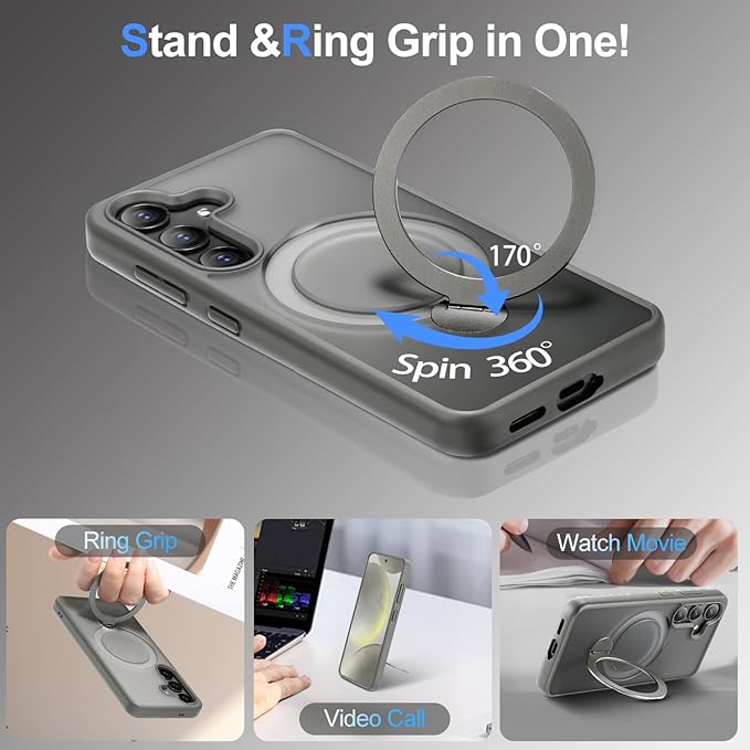 360° Rotatable Stand for Samsung Galaxy S25 Plus Case Magnetic with Screen Protector X1 & Camera Lens Protector*1, Compatible with MagSafe, 16FT Mil-Grade Shockproof for S25 Plus Case 6.7"，Gray
