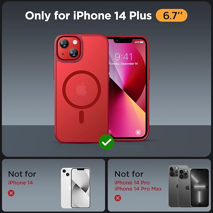 Miracase Magnetic for iPhone 14 Plus Case 6.7 inch (Compatible with MagSafe)（with 2X Screen Protectors） Military-Grade Protection, Anti-Fingerprint Translucent Matte Phone Case Cover, Red