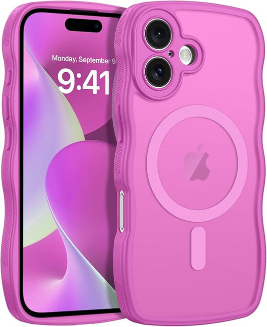 BENTOBEN for iPhone 16 Case Cute, Curly Wave iPhone16 Phone Case [Compatible with MagSafe], [Full Camera Protection] Slim Shockproof Translucent Matte 16 Magnetic Cover for Women Girls, Berry Pink