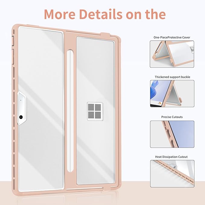 Case Updated Version fit Microsoft Surface Pro 11/10 /9/8 13-Inch, All-in-one Rugged Case Compatible with Type Cover Keyboards, Transparent&Pink