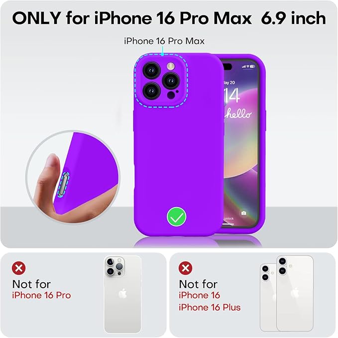 Vooii Compatible with iPhone 16 Pro Max Case, Liquid Silicone Upgrade [Camera Protection] [Soft Anti-Scratch Microfiber Lining] Shockproof Phone Case for iPhone 16 Pro Max 6.9 inch - Neon Purple