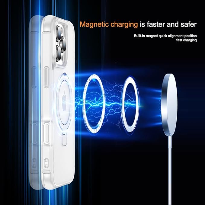 Magnetic Compatible with iPhone 16 Pro Max Case with Stand [Military Grade Drop Tested][Compatible with Magnet] Ring Translucent Slim Hard Back Soft Edge, Frost White