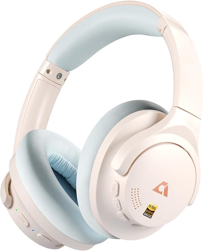 1Mii Y8+ Noise Cancelling Headphones Bluetooth, Wireless LDAC Hi-Res Audio, Custom EQ via App, 75H Playtime, Comfort Fit, Over Ear Headphones Foldable for Airplane Travel Home Office Beige Cyan