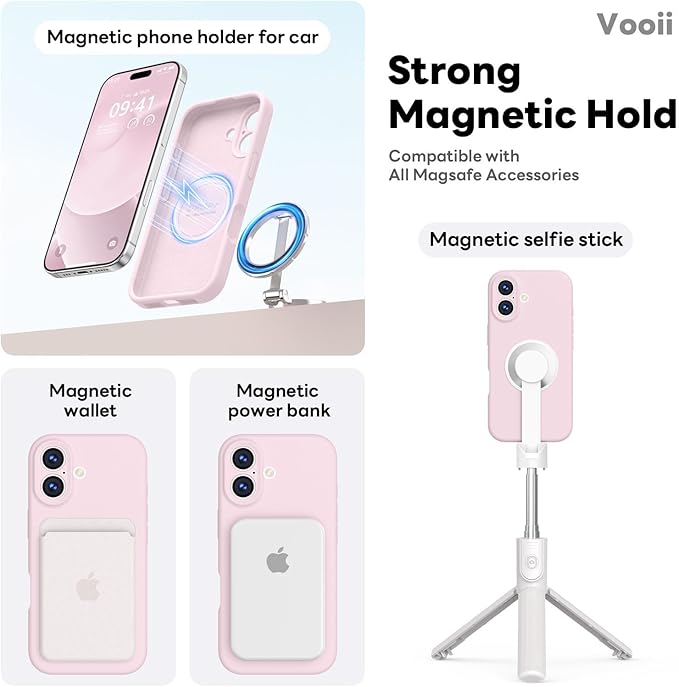 Vooii Magnetic Compatible with iPhone 17 Case (Compatible with Magsafe) (Upgraded Camera Protection) Liquid Silicone Shockproof Full Body Protective Phone Cover for Women Men, Chalk Pink, 6.3"