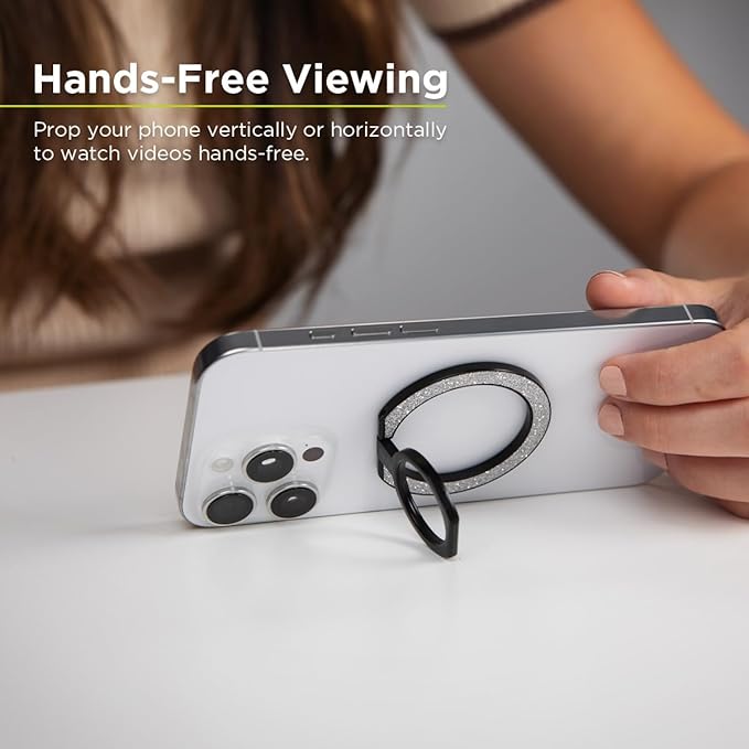 PureGear Magnetic Phone Grip Ring Stand, Magnetic Phone Ring Holder for MagSafe iPhone 16, 16Pro, 16Plus, 16ProMax, 15, 15Plus, 14, 14ProMax, 13,12, Adjustable Kickstand((Brushed Black Silver Glitter)