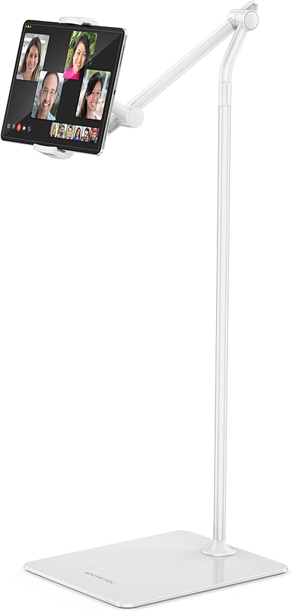 AboveTEK Tablet Floor Stand,Stylish Adjustable Height iPad Floor Stand with Stable Base,Aluminum 360° Rotation Holder for Sofa Bed,Fits 4.7-13.5"iPad Pro 12.9/Air/Mini,Galaxy Tab,iPhone, Kindle(White)