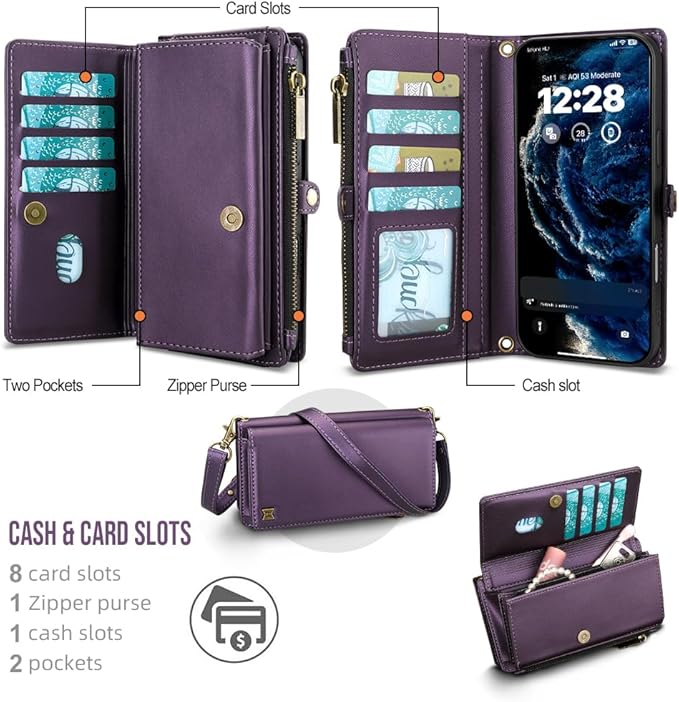 for iPhone 17 Pro Max Wallet Phone Case with 8 Card Holder,RFID Blocking | PU Leather | Kickstand | Flip | Wrist Strap&Shoulder Strap | Shockproof | Zipper Wallet | Women Men | 6.9" | Purple