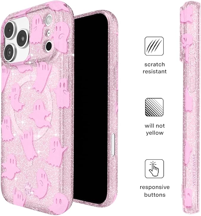 VELVET CAVIAR Case for iPhone 17 Pro | Compatible with MagSafe | 10ft Drop Tested | Protective Halloween Cases | Ghosted Pink Glitter