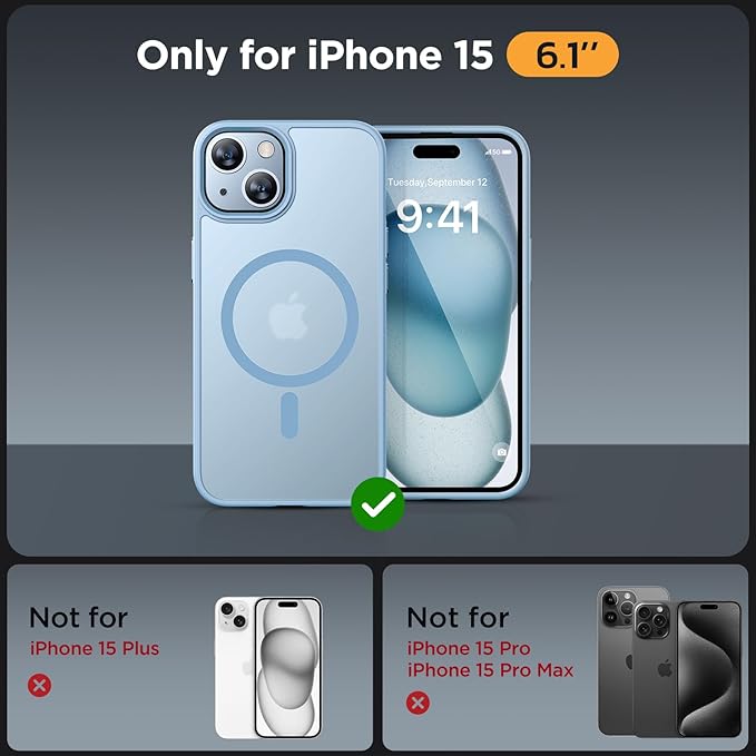Miracase Magnetic for iPhone 15 Case (Compatible with MagSafe)（with 2X Screen Protectors） Military-Grade Protection, Anti-Fingerprint Translucent Matte Phone Cover for iPhone 15 6.1 inch, Light Blue