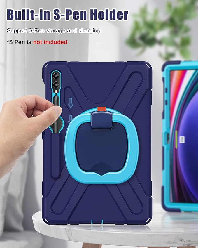 BRAECN Case for 12.4” Samsung Galaxy Tab S10+/ S9 FE+/ S9+/ S8+/ S7 FE/S7+ Plus, Rugged Silicone Cover w/S Pen Holder, Screen Protector, Handle Grip/Kickstand, Shoulder Strap, Navy Blue