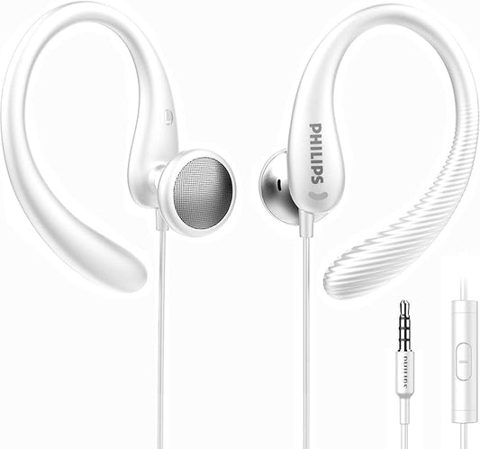 PHILIPS Over The Ear Earbuds, Flexible Wrap Around Earbuds, Around Ear Headphones with Mic Behind The Ear Headphones, Perfect for Sports, Running, Exercise, Gym (White)