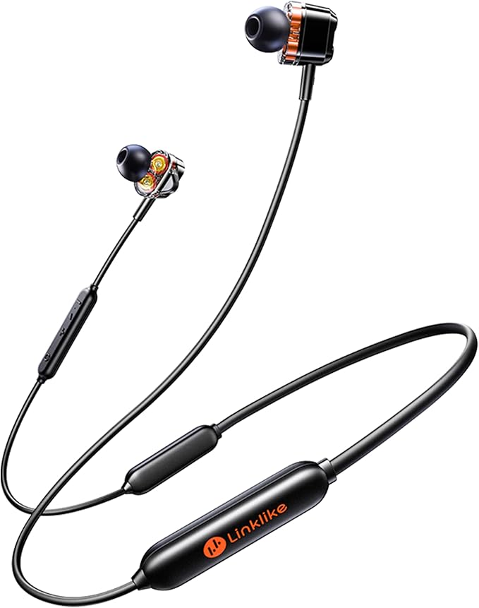LINKLIKE Neckband Bluetooth Earbuds 100H Playtime with 4 Drivers Enhanced Bass,V5.2 Wireless Earbuds, IPX7 Waterproof,Comfort Fit Neckband Headphones for Sports, Gym Running Workout Business Travel