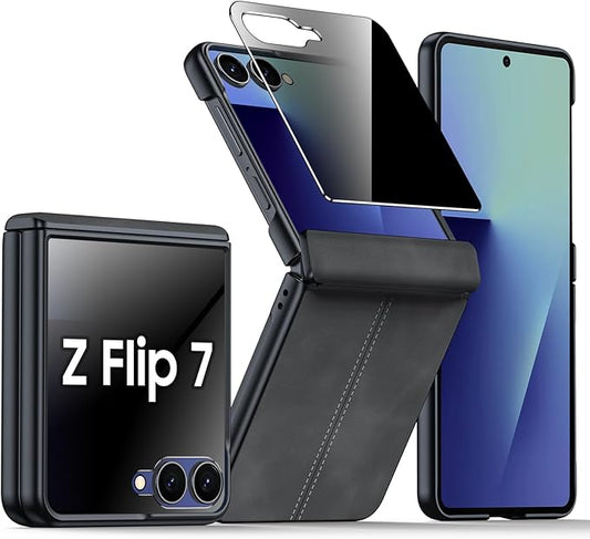 for Samsung Galaxy Z Flip 7 Case with Hinge Protection & Built-in Privacy Screen, Ultra Thin Stylish Leather Matte PC Durable Shockproof Cover Phone Case for Galaxy Z Flip 7-Black