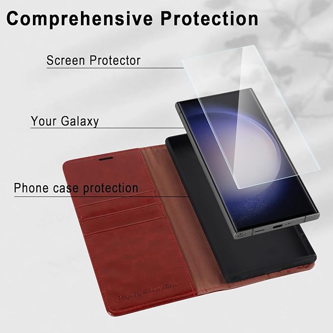 MONASAY Wallet Case Compatible for Galaxy S23 Ultra 5G,[RFID Blocking] Flip Folio Leather Cell Phone Cover with Credit Card Holder, 6.8 inch, Burgundy