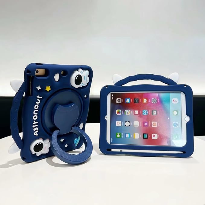 3D Cute Press Astronaut Case for Samsung Galaxy Tab A 8.0 inch 2019 SM-T290/ T295/ T297,Kawaii Cartoon Character Space Soft Silicone Rotating Stand Case with Lanyard for Kids Teens Girls Women