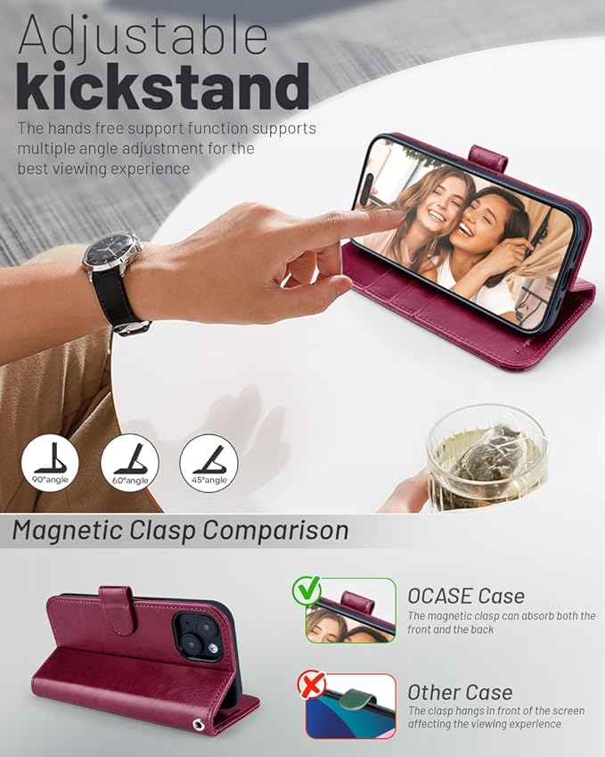 OCASE Compatible with iPhone 15 Wallet Case, PU Leather Flip Folio Case with Card Holders RFID Blocking Kickstand [Shockproof TPU Inner Shell] Phone Cover 6.1 Inch 2023, Burgundy