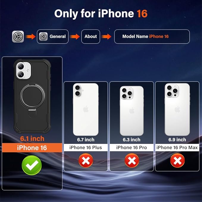 Designed for iPhone 16 Case with Magnetic Stand [Military Drop Protection][Compatible with Magnet] Shockproof 16 Phone Case with Ring Holder, Black
