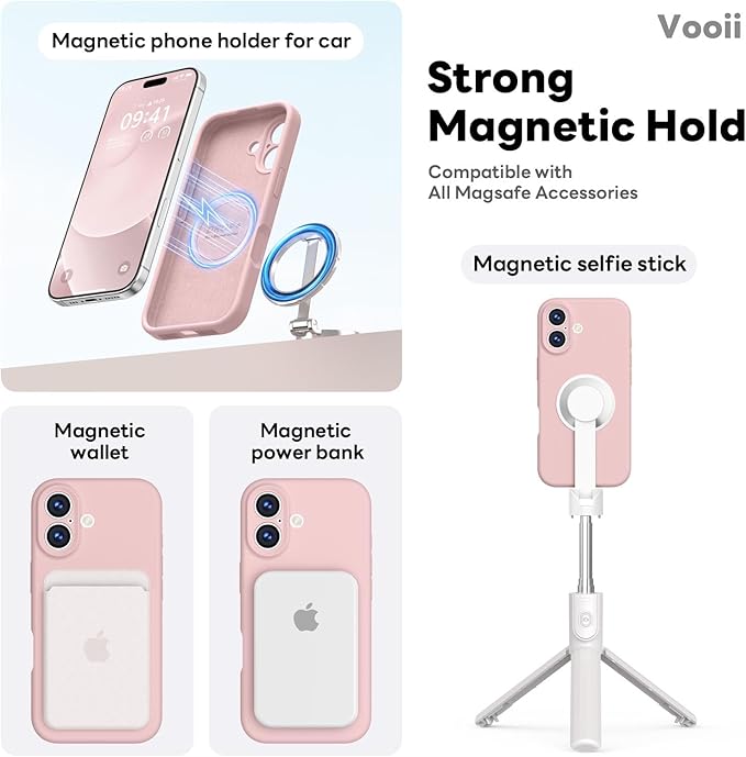 Vooii Magnetic Compatible with iPhone 17 Case (Compatible with Magsafe) (Upgraded Camera Protection) Liquid Silicone Shockproof Full Body Protective Phone Cover for Women Men, Pink Sand, 6.3"