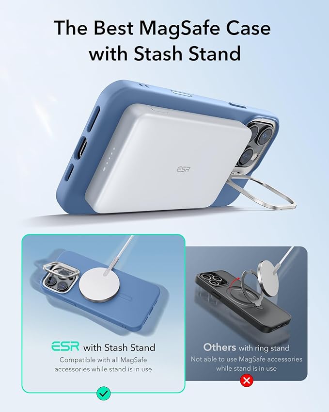 ESR for iPhone 16 Pro Max Case, Silicone Case with Stand, Compatible with MagSafe, Built-in Camera Stash Stand, Magnetic Phone Case for iPhone 16 Pro Max, Cloud Series, Light Blue