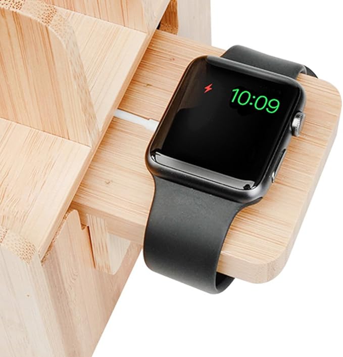MobileVision Slim Bamboo Charging Station & Compatible Adapter for Apple Watch Multi Device Organizer, Smartphones, Tablets, Laptops & More